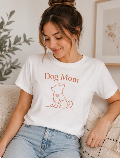 Specgen Gifts: modelo con camiseta Dog Mom personalizada